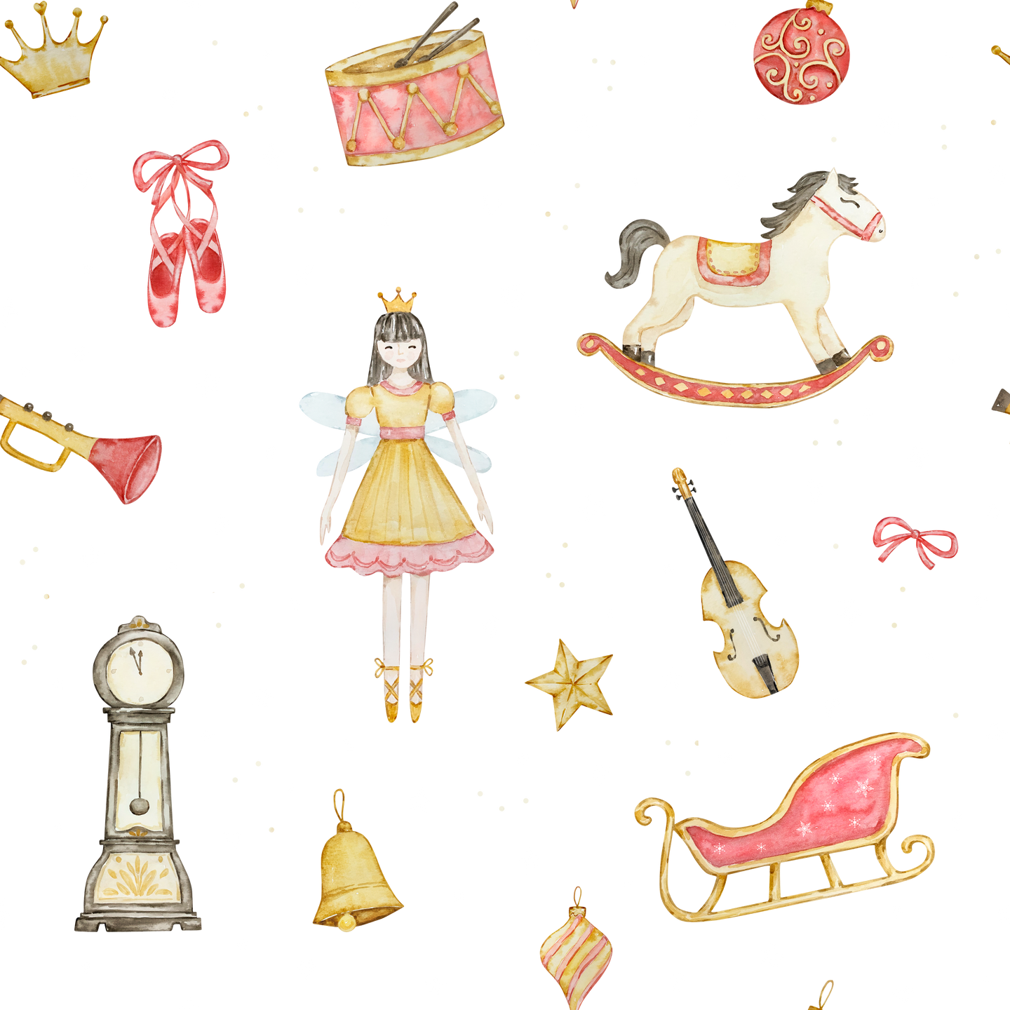 Watercolor Christmas seamless pattern with fairy ballerina, horse and toys